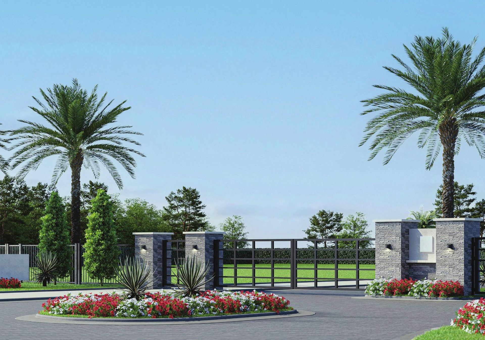 The Landmark — gated entrance with palm-lined boulevard